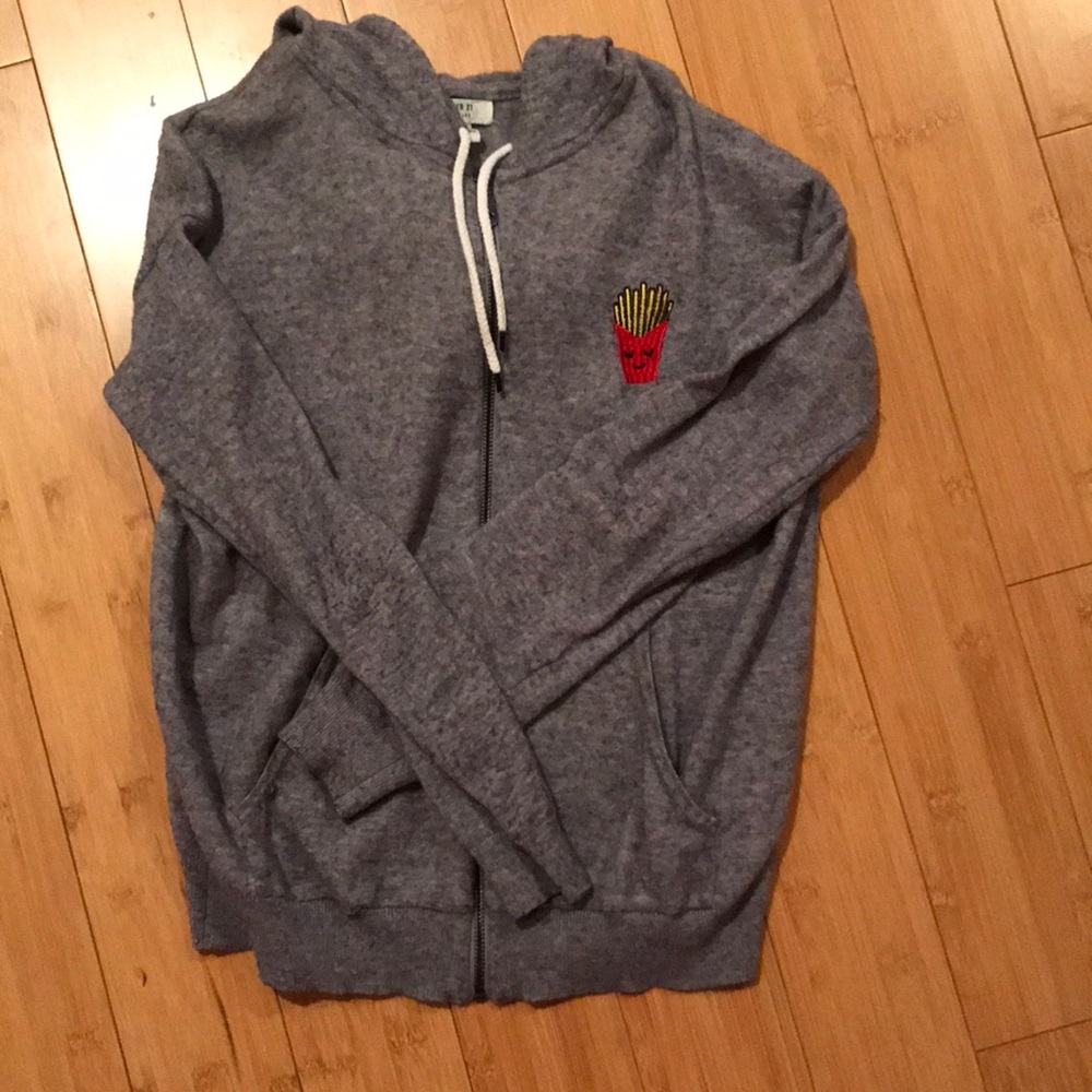 grey hoodie with a zipper